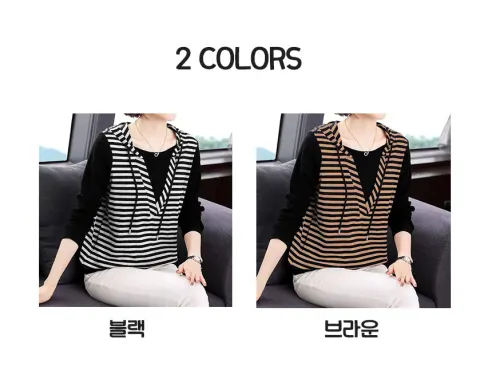 페이크 단가라 블랙 후드 긴팔 티, 블랙, FREE, 1개 상세 이미지 2