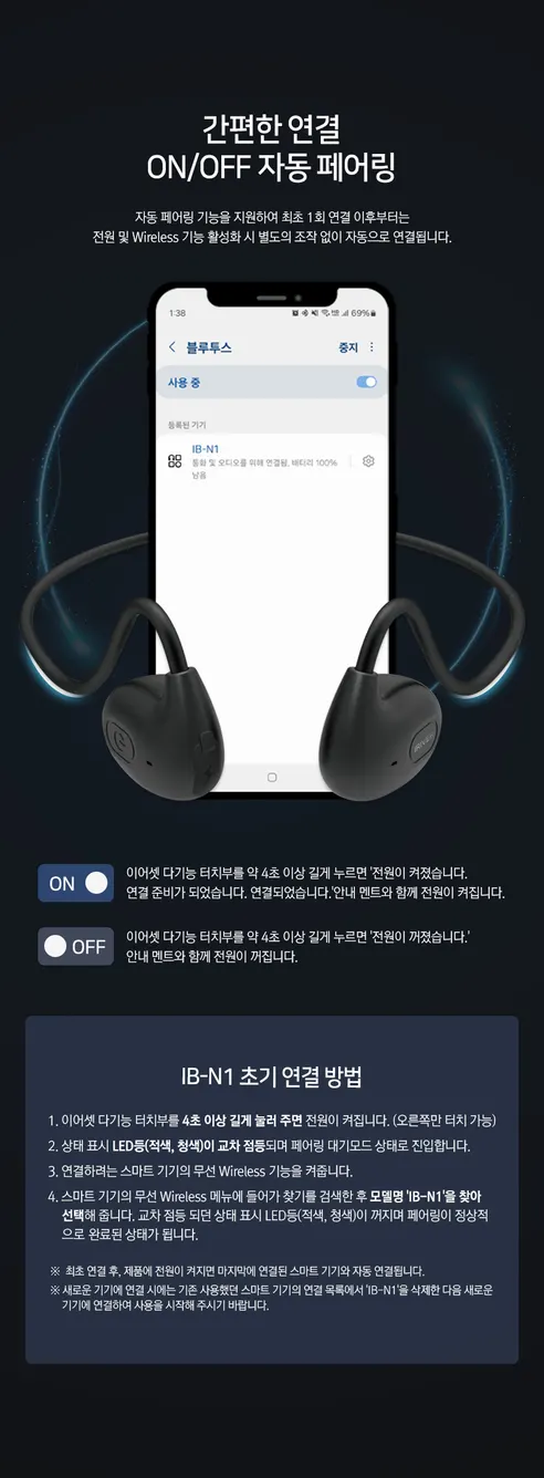 아이리버 무선 오픈형 이어셋 넥밴드, IB-N1, 블랙, 1개 상세 이미지 6