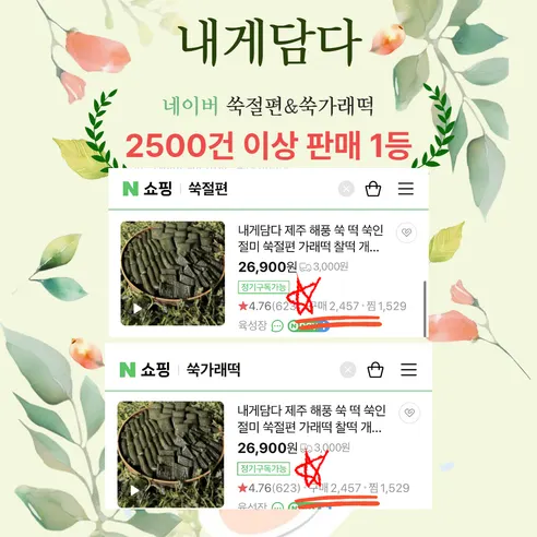 내게담다 제주 해풍 쑥 제주 특등급 원물 쑥가래떡, 2kg, 1박스 상세 이미지 1