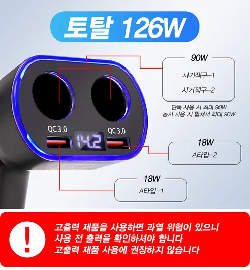 차량용 QC3.0 멀티 고속충전기 시거잭 4구 12-24V겸용, 1개 상세 이미지 6