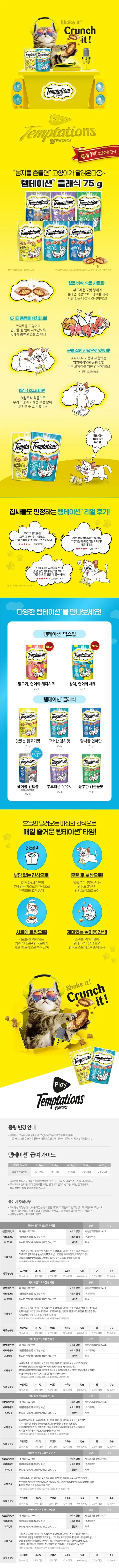 템테이션 고양이 스낵, 닭고기/참치/연어/해산물/우유/헤어볼, 75g, 1세트 상세 이미지 1