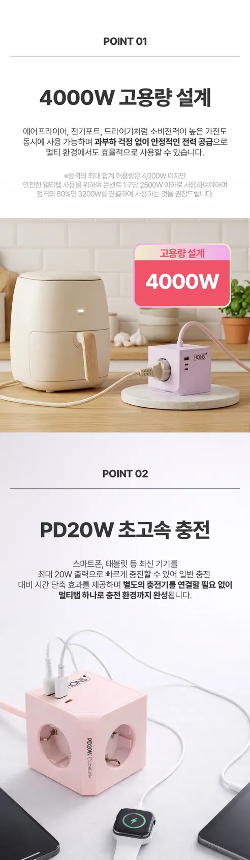 혼스 큐브멀티탭, PD20W, 4000W, 2m, 그레이, 1개 상세 이미지 3