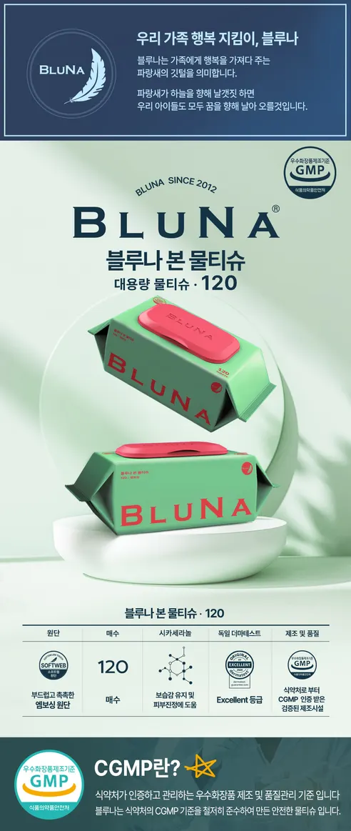 블루나 본 물티슈, 캡형, 50gsm, 120매, 10팩 상세 이미지 1