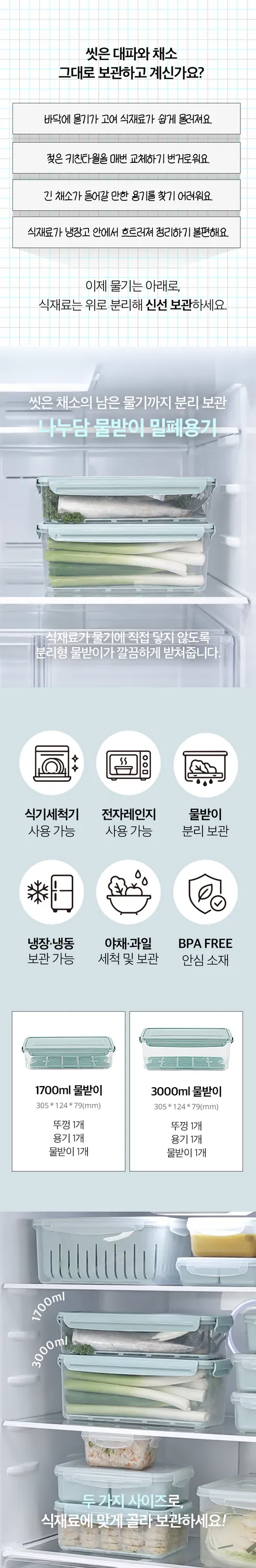 나누담 물받이 밀폐용기, 3000ml, 2개 상세 이미지 2