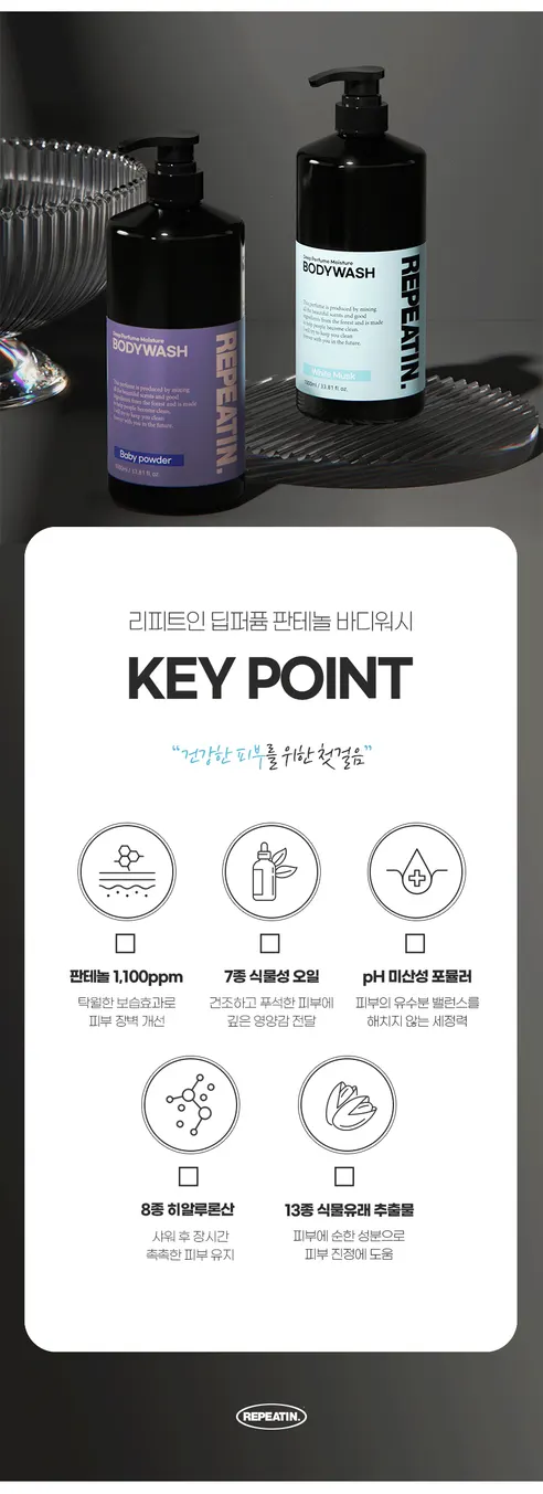 리피트인 딥퍼퓸 모이스처 판테놀 바디워시, 화이트 머스크, 1L, 2개 상세 이미지 2