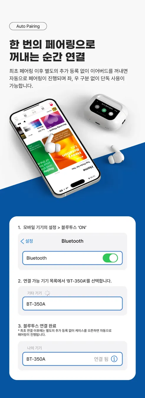 팬톤 LCD 디스플레이 노이즈캔슬링 블루투스 이어폰, BT350A, 화이트, 1개 상세 이미지 8