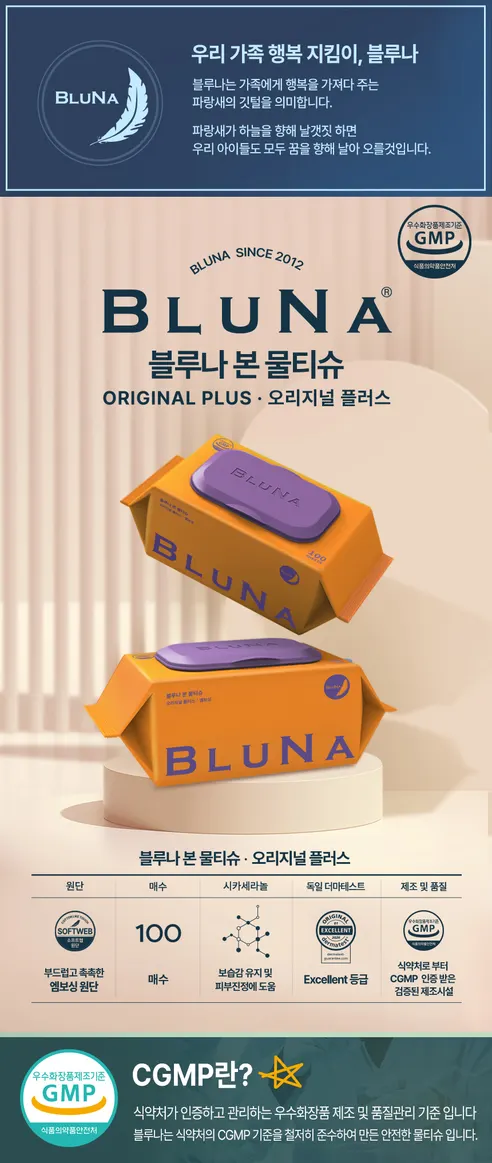 블루나 본 물티슈 오리지널 플러스, 캡형, 55gsm, 100매, 10팩 상세 이미지 1