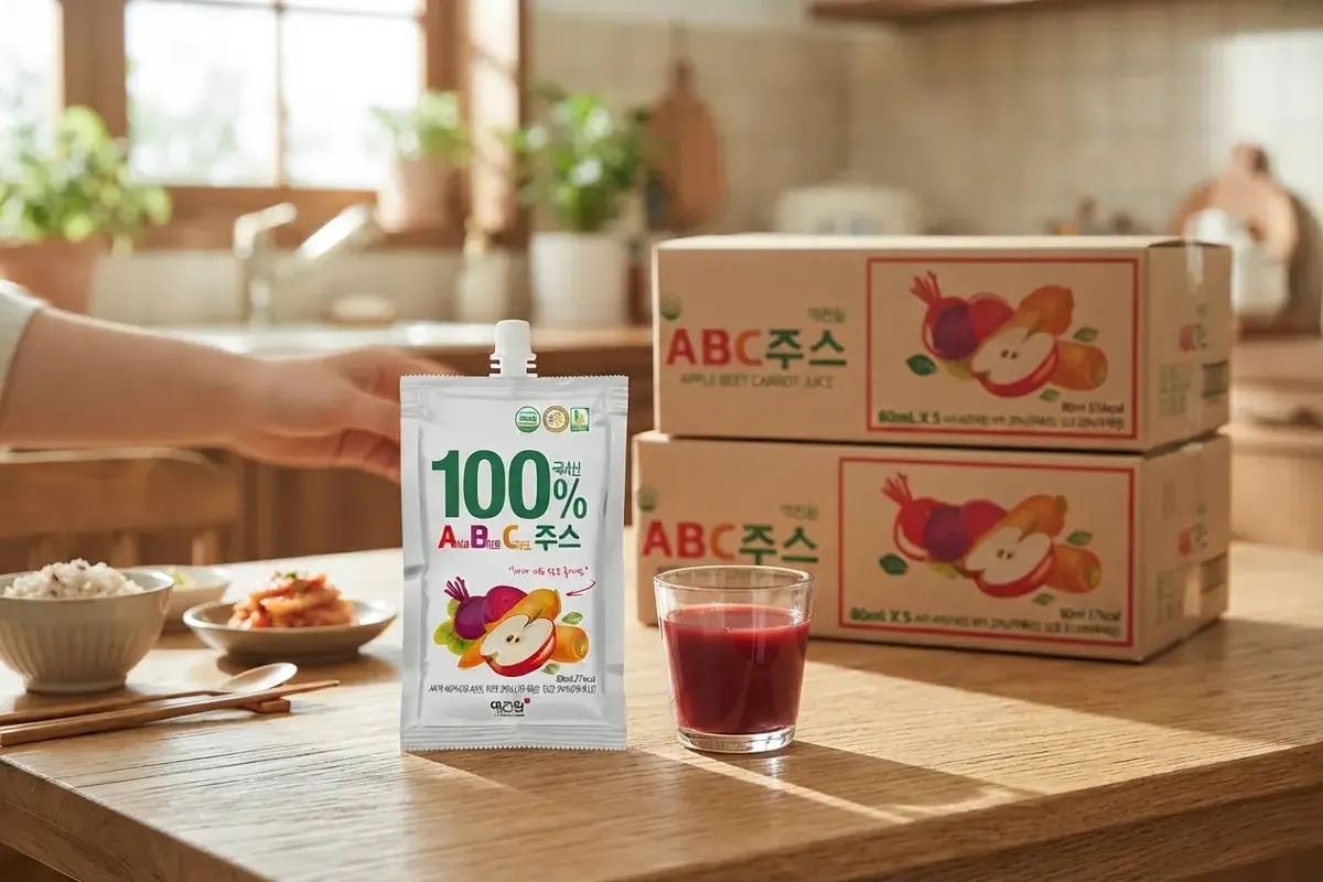 아침 식탁에 놓인 ABC주스 파우치와 유리컵