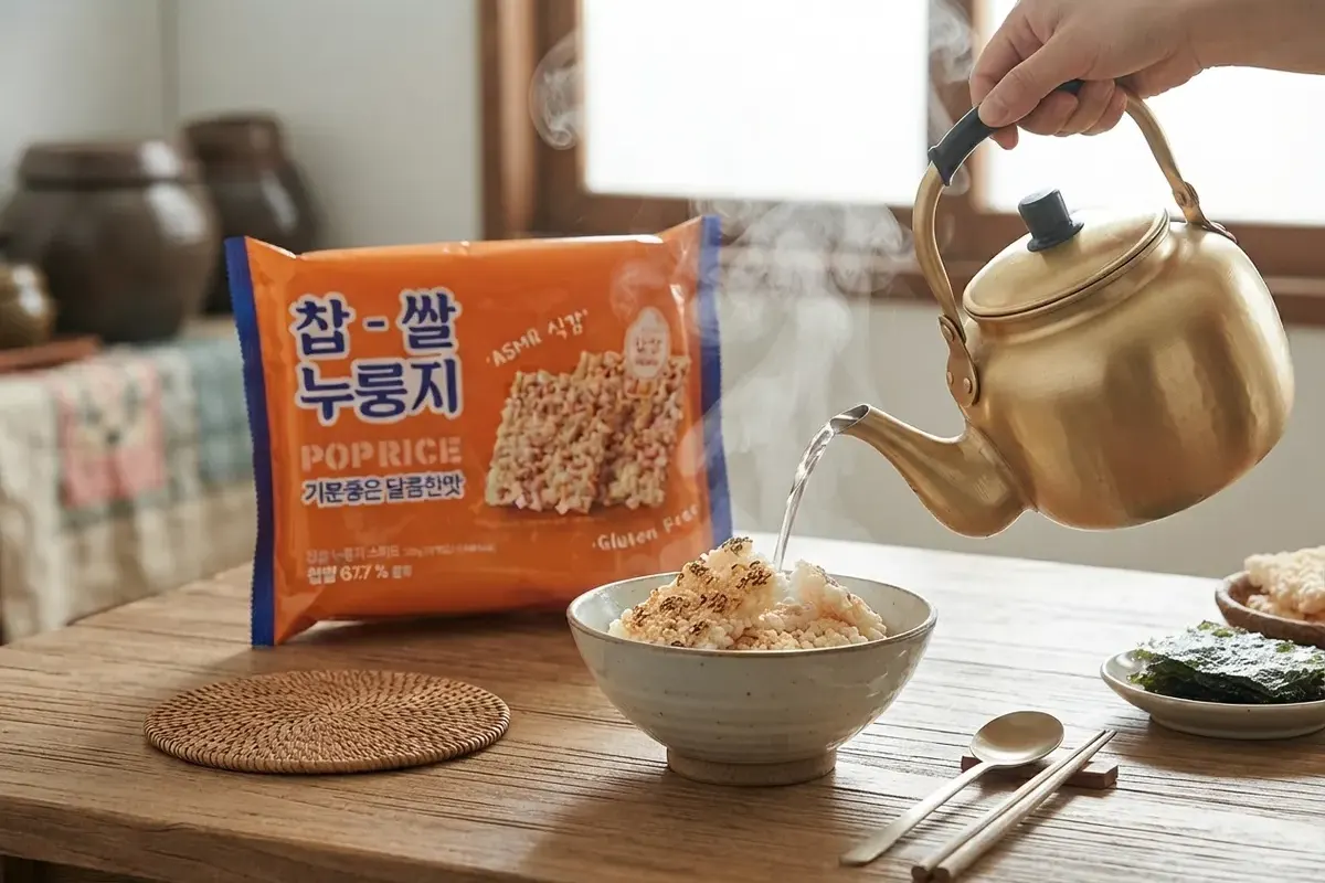 그릇에 담긴 찹쌀 누룽지와 물을 붓는 주전자