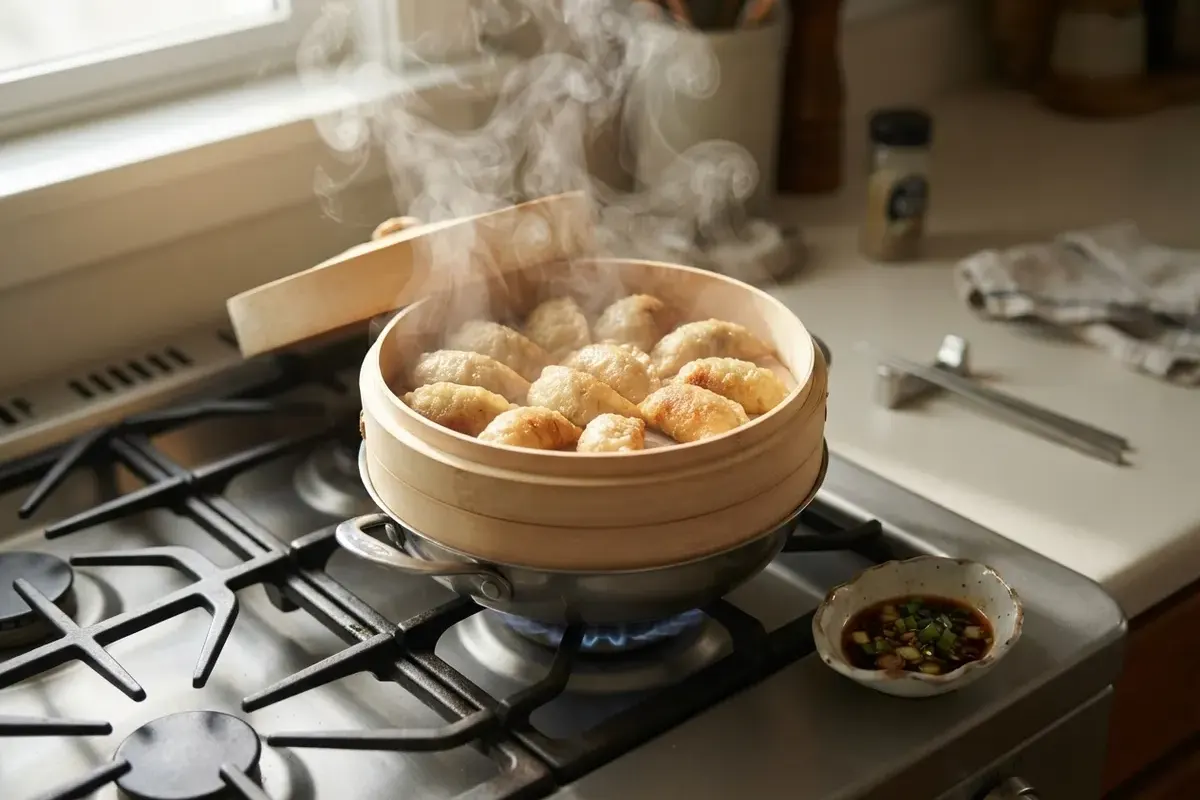 찜기에서 김이 오르는 당면만두