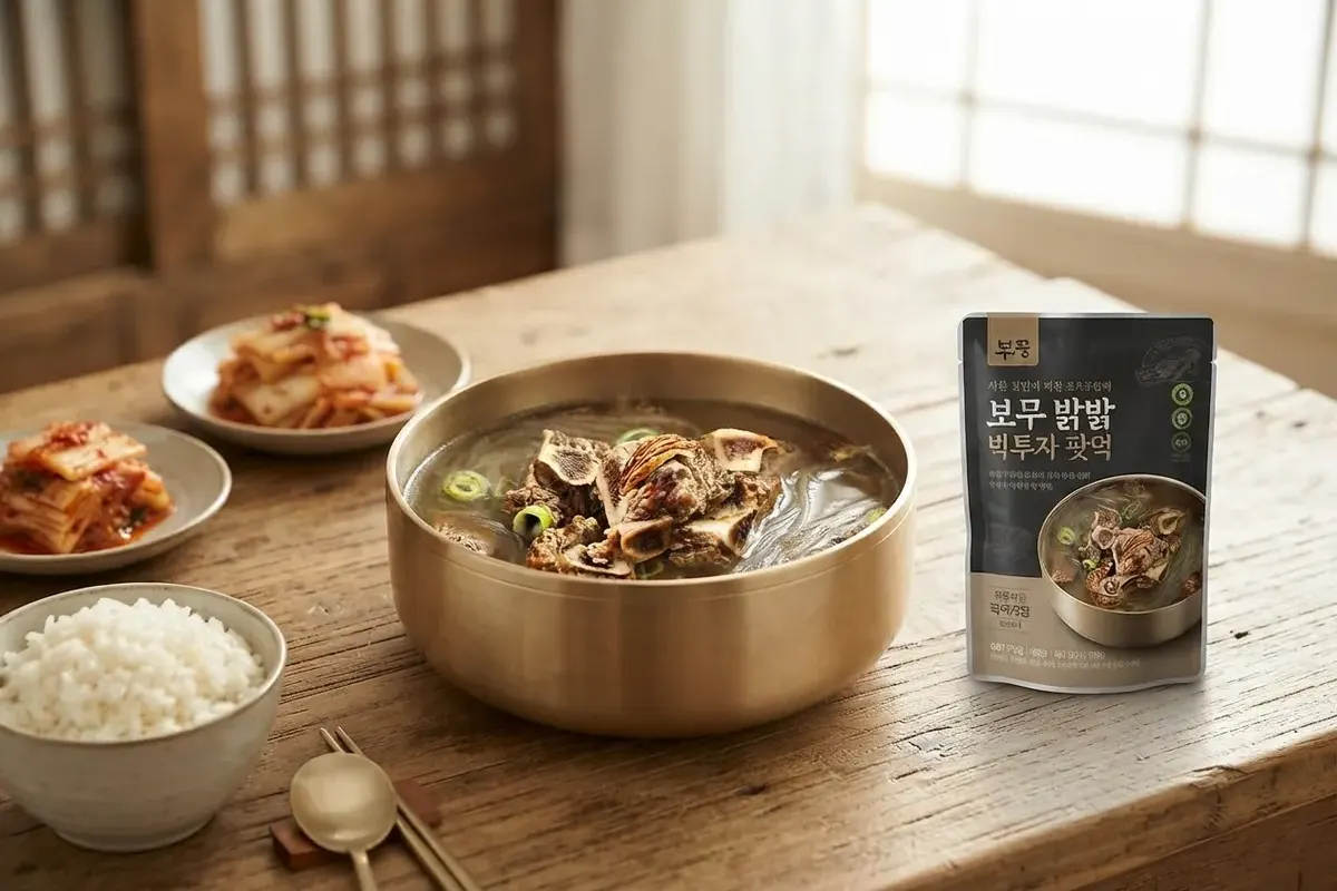 데워서 그릇에 담은 소갈비탕과 밥