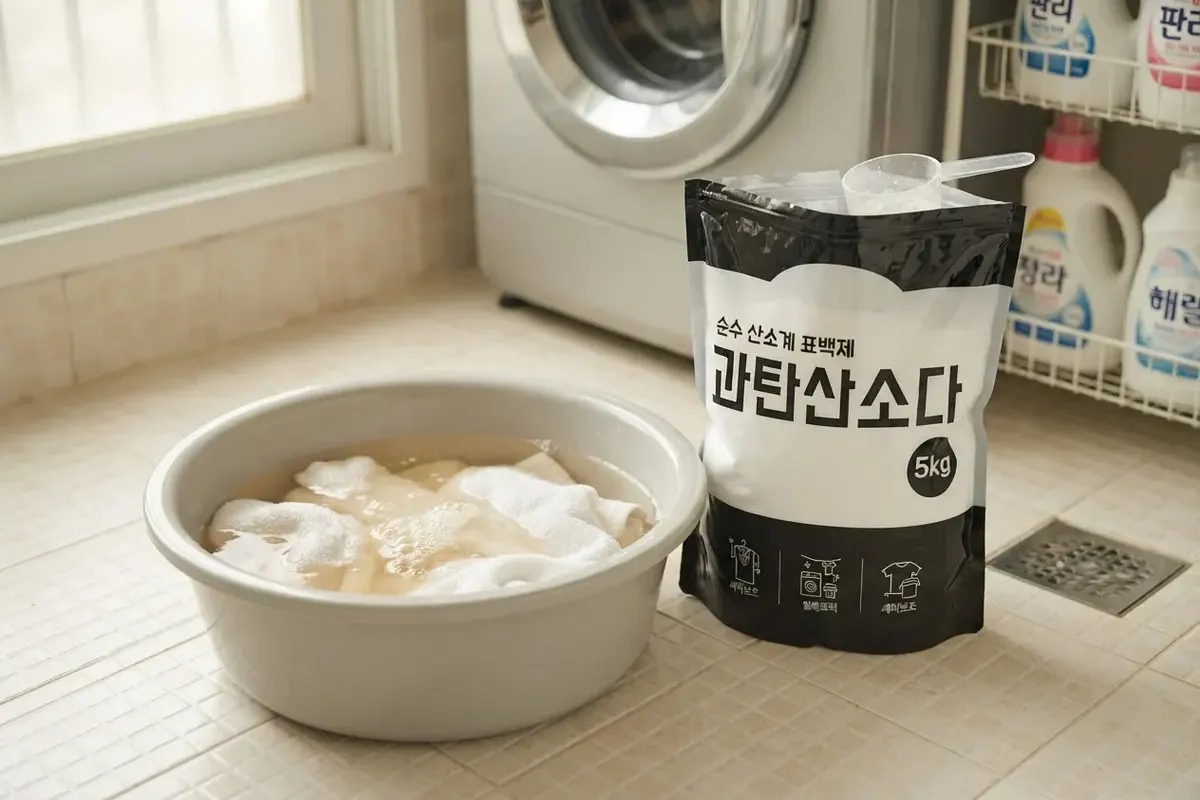 대야에 푼 과탄산소다와 담가둔 수건