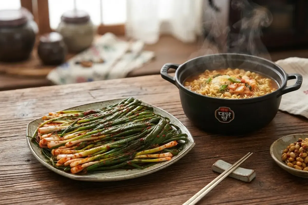 라면 옆에 놓인 쪽파김치 한 접시