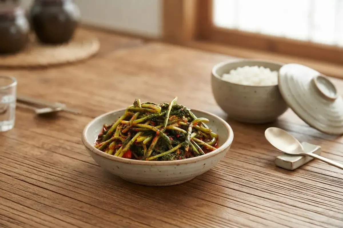그릇에 담은 열무김치와 밥 한 공기