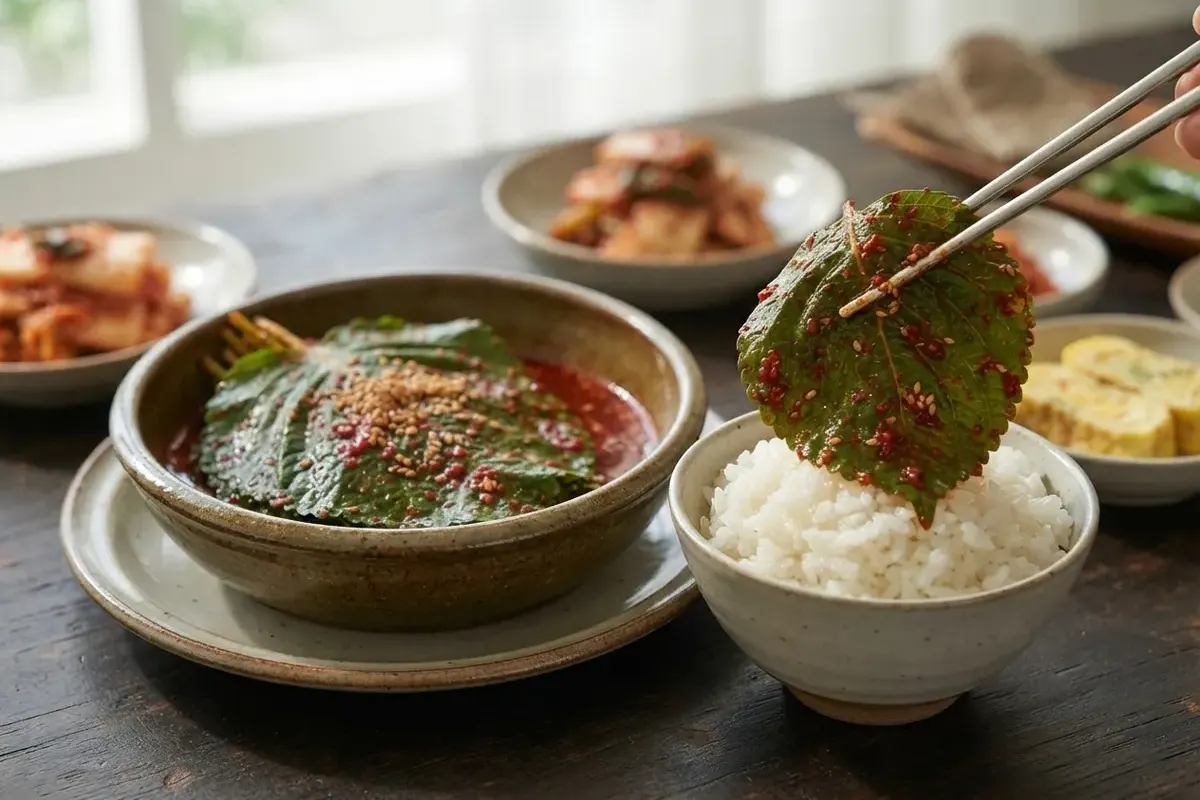 밥 위에 올린 깻잎김치